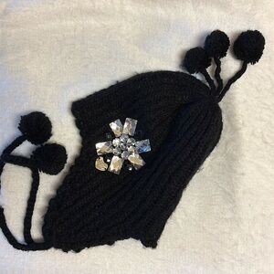 Betsey Johnson Knit Hat Jewels Pom Poms Black Tie Under Chin